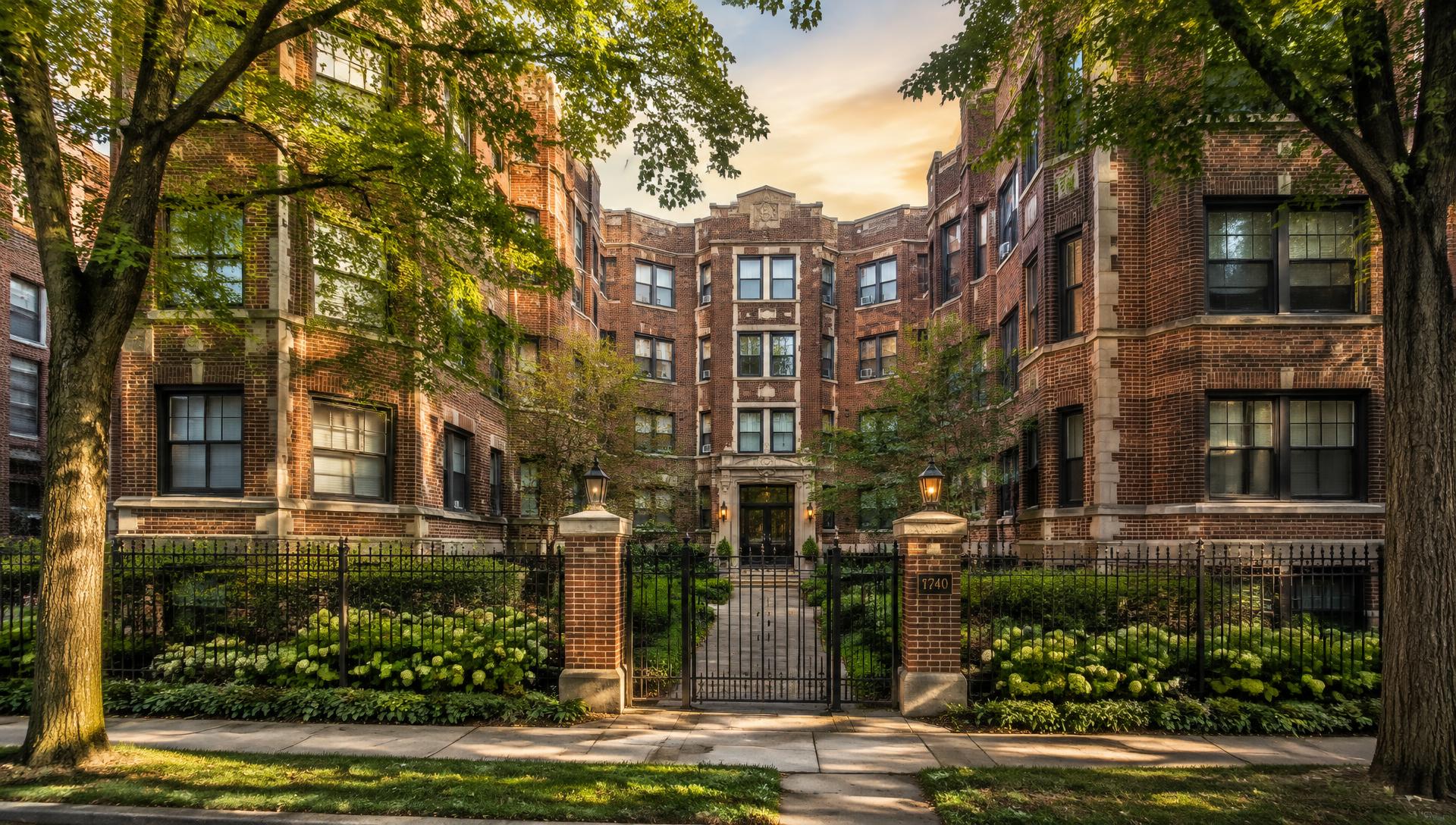 Classic brick courtyard condominium building in Chicago
